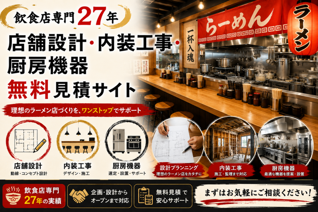 ラーメン店、内装工事の無料見積を承る画像です。